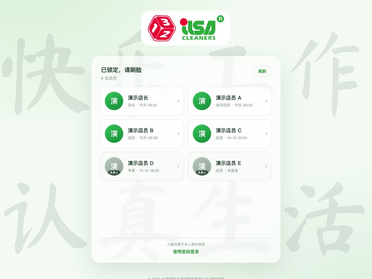 店员 Pad 锁定页：已锁定请刷脸，6 位店员头像墙，可刷脸或密码登录